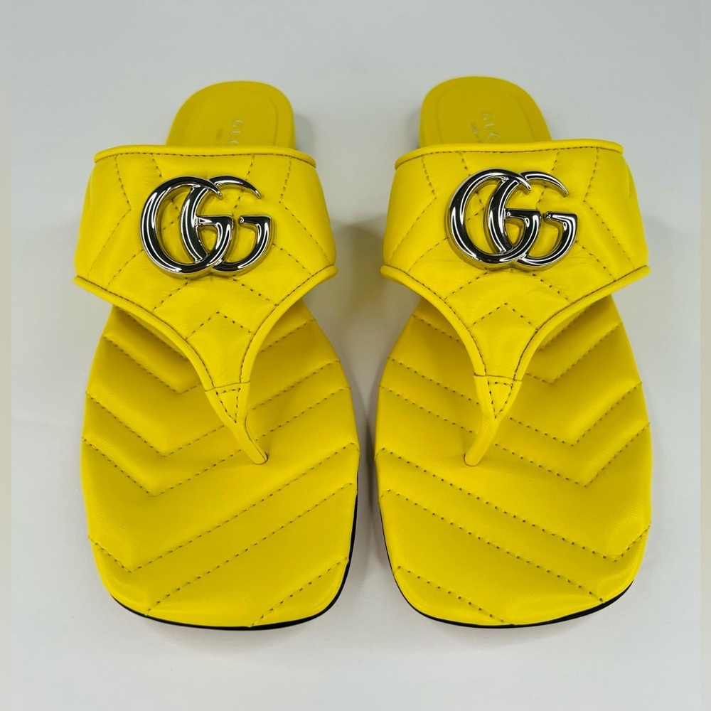 Gucci Marmont Double G Chevron GG Logo Yellow Thong Flat Sandals Size EU 37 - Picture 4 of 11